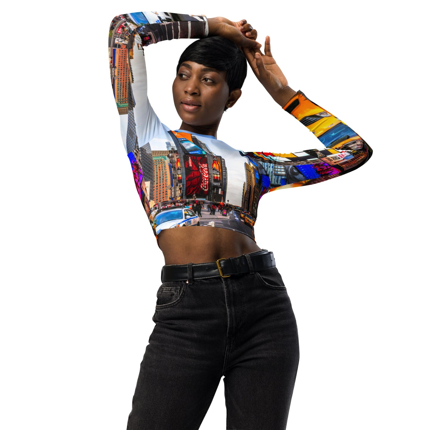 ODTC Recyceltes Langarm Crop Top mit Allover-Druck NYC-Collecton